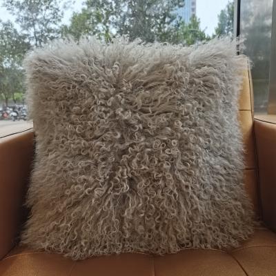 China Eco-friendly Material Tibetan Sheepskin Fur Cushion Covers Real All-In-One Fur Mongolian Sheepskin Pillows 45x45 Square Throw Pillow With Long Curly Hair for sale