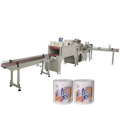 China Hotels CE HRT automatic labeling industrial reel jumbo roll maxi roll kitchen towel plastic film shrink wrapping machines price for sale