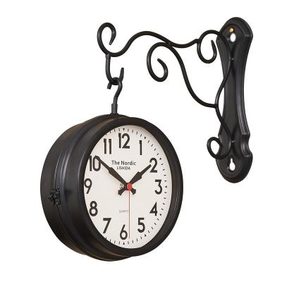 China Antique Style 8 inch special antique iron silent quartz clock American metal antique craft living room double-sided wall clock for sale