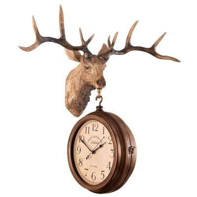 China Antique Style 10 inch Special Metal Retro Craft Double Sided Clock Home Deer Head Craft Antique Decorative Double Sided Wall Clock for sale