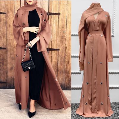 China Turkey Dubai Lady Abaya Islam Soft Front Long Clothing Open Beading Kaftan Dress Abaya For Muslim Women for sale