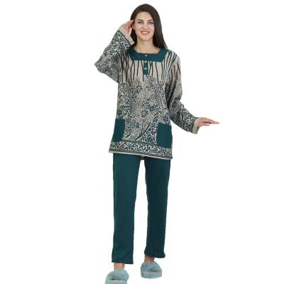 China Flannel Long Sleeve Print Thermal Middle Thick Arab Muslim Women's Winter Warm Pajamas Set for sale