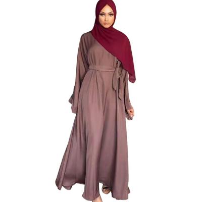 China Soft Sleeve Fashion Islamic Muslim Women Clothing Dubai Lady Abaya Kaftan Long Dress With Waist Belt for sale