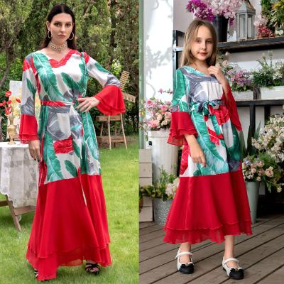 China Islam Soft Clothing Muslim Women Family Mother And Daughter Parent-child Clothing Red Long Dress for sale