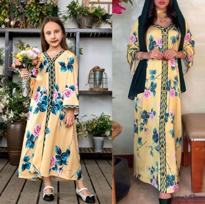 China Middle East Soft Arab Muslim Muslim Purple Casual Outfits Jalabiya Long Dress Parent-child Print Yellow Loose Dress Woman And Child for sale