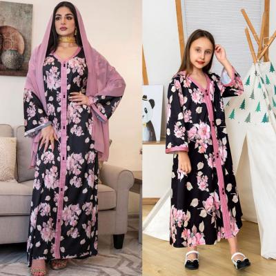 China Middle East Soft Muslim Arab Purple Casual Outfits Ramadan Long Dress Jalabiya Parent-child Print Loose Dress Women And Child for sale