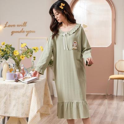 China Good quality QUICK DRY women combed light green Modilan pajamas night skirt cotton thickness medium long sleeve grace for sale