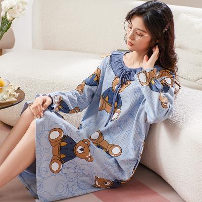 China Popular Girl's QUICK DRY Stripe Knitting Spring Lingerie 210g Worsted Cotton Bear Print Home Wear Nightgown Sleeping Night Skirt Long for sale