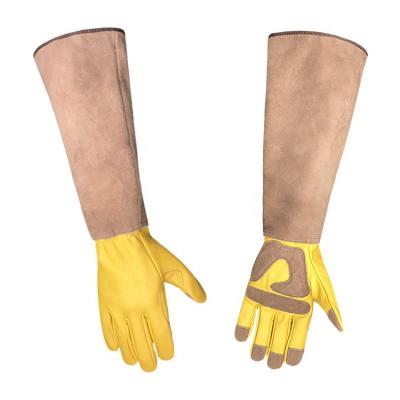 China Wholesale Resistant High Quality Yellow Leather Cuff Long Safety Stitch Cow Greening Gloves for sale