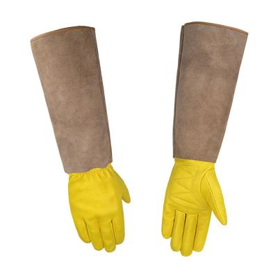 China Custom LOGO Sheepskin Upper Leather Pruning Puncture Resistant Thornproof Long Slap Bamboo Gardening Gloves for sale