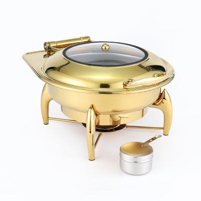 China Eco-friendly Kitchen Equipment Buffet Dish Stainless Steel Food Warmer Double Filters Friction Dish Buffet Food Warmer 9L Cylinder Desktop Chafing Dish for sale