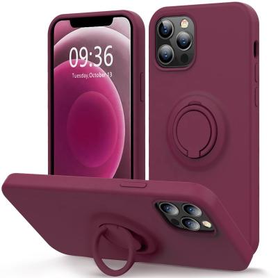 China Shockproof Colorful Soft Liquid Silicone Camera Cover Full Metal Ring Stand Cell Phone Case For Phone 12 Series for sale