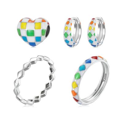 China Nickel free and lead ATHENAA colorful rainbow fashion checkerboard colorful delicate 925 sterling silver charm bead bracelet ring earrings for women girls for sale