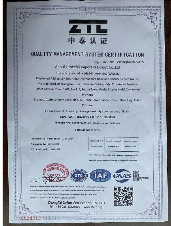 ISO9001 - Anhui Luokefei Import & Export Co., Ltd.