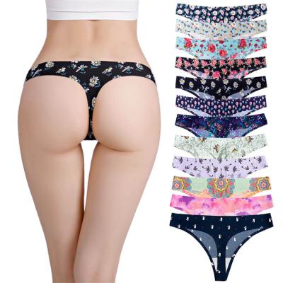 China Custom PRINTED sexy panties antibacterial thong underwear ladies T-back G-string bikini low waist women silk seamless one piece ice for sale