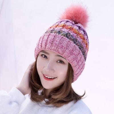 China Koreanstyle Women's Chunky Knit Hats Beanie Faux Fur Pompoms Chunky Knit Hats Fashion JOINT Women's Custom Chunky Chunky Acrylic Hat Winter Puffball Hat for sale