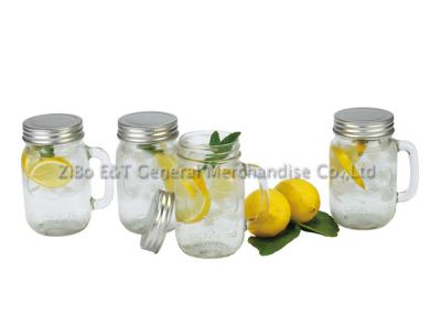 China Embossed 16oz glass mason jar mugs with handles , metal lids for beer for sale