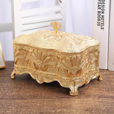 China Jewelery Packaging European Light Earrings Ring Necklace Jewelry Storage Box Metal Luxury Gold Classic Jewelry Box for sale