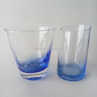 China CLASSIC Oblique Mouth Glass Mug With Blue Color Bottom / Blue Color Glass Tumbler for sale