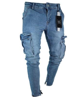 China Excellent quality blue and QUICK DRY wholesale denim biker jeans pants knee hole zipper feet patch gray men's stretch jeans for sale