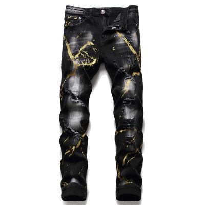 China 2021 viable new wash ripped jeans black paint to splatter stretch fashion male tight pants tapered love&roses jeans for sale