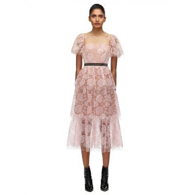 China 2021 New Arrival Dry Cleaning Women's Rose Lace Tiered Midi Dress Floral Print Party Dresses for sale