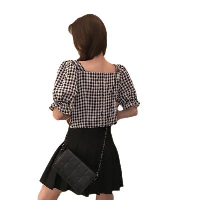 China Korean version of anti-pilling shirt collar female summer square short square grid collar new exposure slim thin navel for sale