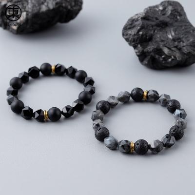 China S0664 FASHION JIANDONG most popular 10mm natural handmade black agate lava stone beaded men's charm bracelet for sale