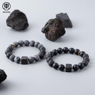 China S0625 JIANDONG FASHIONABLE Natural Matte Black Agate Volcanic Rock Black Amphibole Beaded Adjustable Bracelet Charm Bracelet For Men for sale