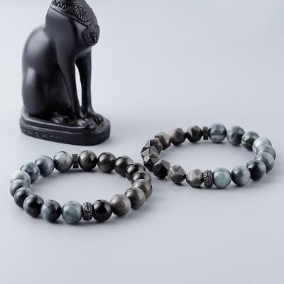 China S0610 JIANDONG FASHIONABLE natural silver beaded eye high quality gemstone obsidian hawks beaded bracelet S0610 JIANDONG custom stretch bracelet for men for sale