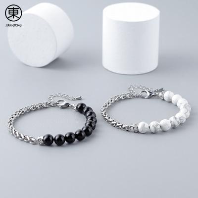 China S0620 JIANDONG CLASSIC popular natural black agate and white stone beads with titanium steel chain bracelets for men for sale