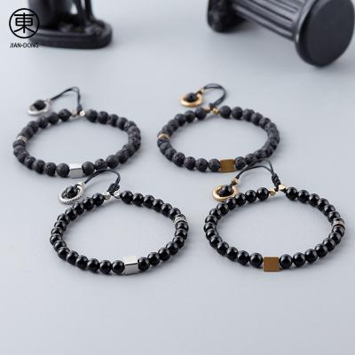 China S0642 JIANDONG FASHIONABLE Black Agate Vintage Beaded Rope Natural Volcanic Stone Adjustable Bracelet Bangle Beads For Men for sale