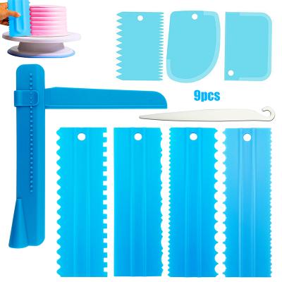 China Viable Hot Sale 9pcs Blue/White Cake Decorating Tool Kit Cake Scraper Cake Spatula for sale