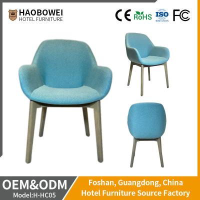 China Curved Backrest Wood And Fabric Armchair Blue Upholstered Unfolded for sale