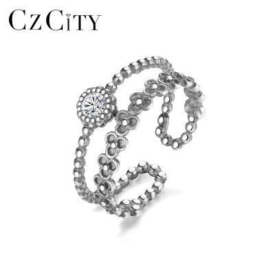 China CZCITY Punk Wear Trending 925 Sterling Woman Fashion Charm Cuff Band S925 Silver Black Stone Ring for sale