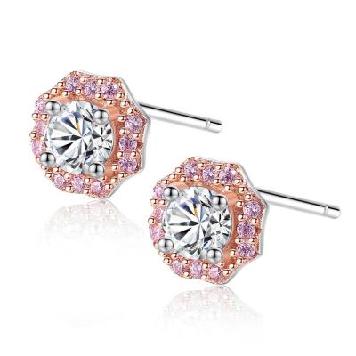 China CZCITY Romantic Korean Style Zircon Flower Shape Pink Stud Earring 925 Sterling Silver Bridal Earrings for sale