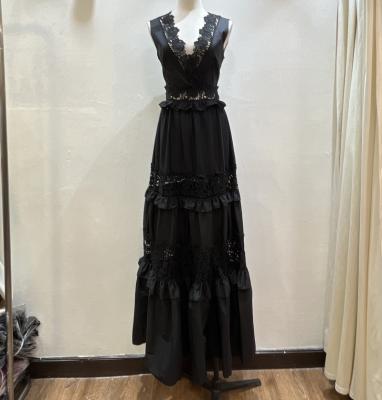 China 2022 New Arrival Breathable Lace Dress Black Ball Gown Sexy Deep V-Neck Swing Dress Floor Length Sleeveless Skirt for sale