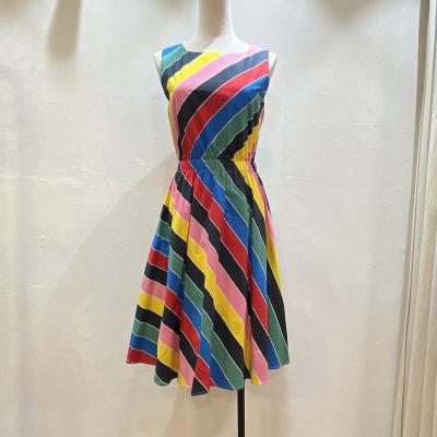 China 2022 New Fashion Summer Women's Breathable SS Dresses Color Block Sleeveless Dress Elegant Lady Rainbow Holiday One-Piece Skirt for sale