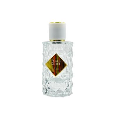 China Cosmetic Clear 50ml Diamond Pattern Square Refillable Spray Glass Perfume Bottle With Cap for sale