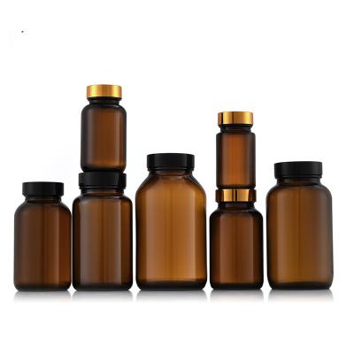 China Hot Selling Amazon Empty Round Chemical Medicine Boston Amber Glass Bottles For Pill Tablets With Wide Neck for sale