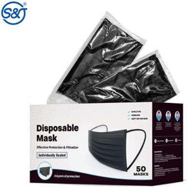 China S&J CE EN14683 Good Quality Breathable Disposable Black Face Mask 3 ply Medical Surgical Mask Black for sale