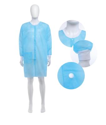 China PP Disposable Lab Coat Nonwoven Single Layer Knitted or Elastic Collar and Cuffs Front Button Fly Closure One Pocket for sale