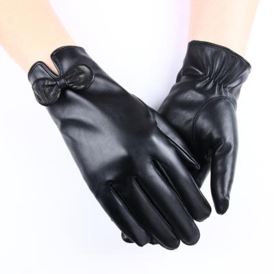 China Plain Touch Screen Black PU Women's Leather Gloves With Bowknot Decoration for sale