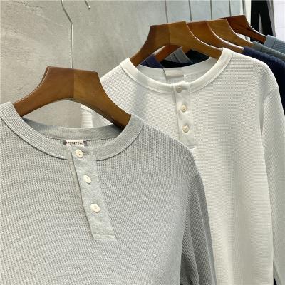 China 2022 New Arrival M-3XL Waffle Henley Retros Anti-Wrinkle PDEP Collar Casual Sweatshirts Men's Long Sleeve T-Shirt for sale