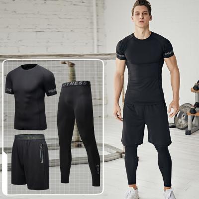 China PDEP M-4XL Fitness Clothing Men's Breathable Suit Gym Short Sleeve Training 3 Piece Quick-drying Tights for sale