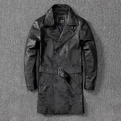 China PDEP Breathable Plus Size 5XL Winter Genuine Leather Jacket With Belt For Mens Windproof Black Leather Coat Men Long for sale