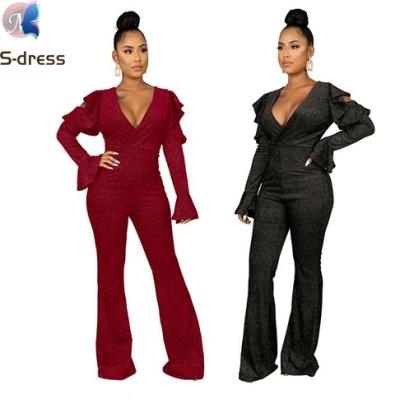 China hot sell v neck ruffle lose shoulder autumn women 2020 casual jumpsuits and rompers for sale