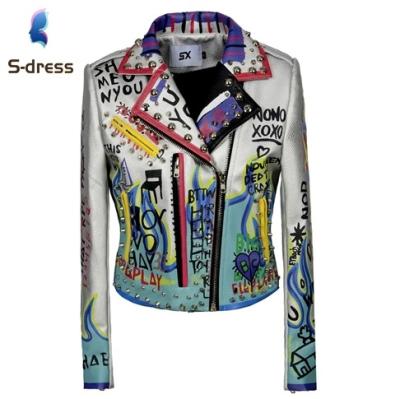 China C000001  Leather Ladies Upper Wear Rivet Print Women Motorcycle PU Leather Jacket for sale