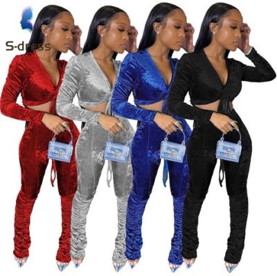 China X1009  Fall Female Fitted Suit Sexy Velvet Crop Top Stacked  V Neck Fall 2 Piece Ladies Winter Set for sale