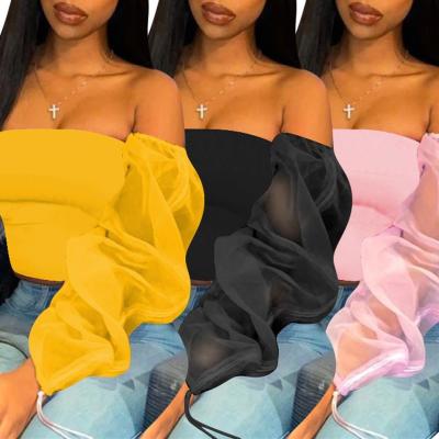 Cina 2020 Women Puff Sleeve Crop Tops T Shirts Tops Clothing Blouses Summer Mesh Crop tops in vendita